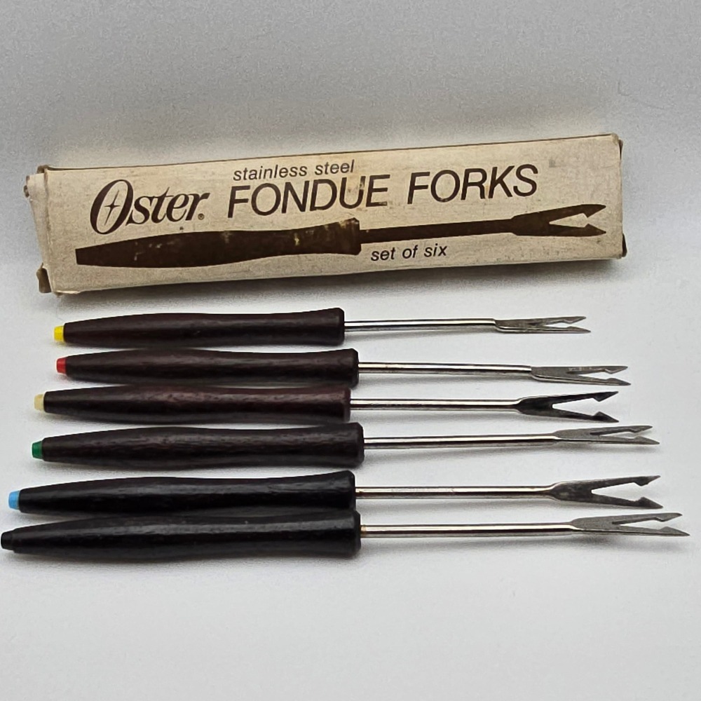 Vintage Oster Fondue Forks Stainless Steel Wood Handles Color Set 6 60s 70s